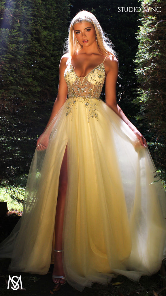 Lila Light Yellow Formal dress Sheer Beaded floral V neckline