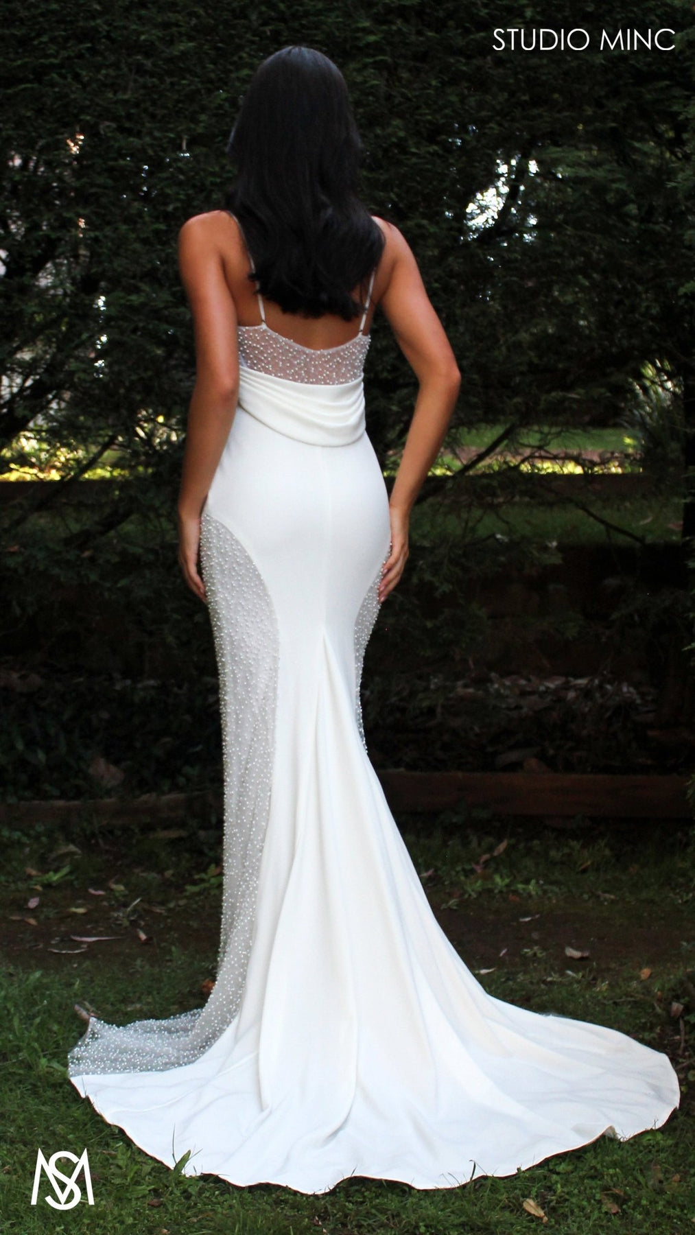 Lover - Wedding Dress | Crepe spaghetti strap cowl backless Pearl deta STUDIO MINC Lover - Wedding Dress | Crepe spaghetti strap cowl backless Pearl deta STUDIO MINC