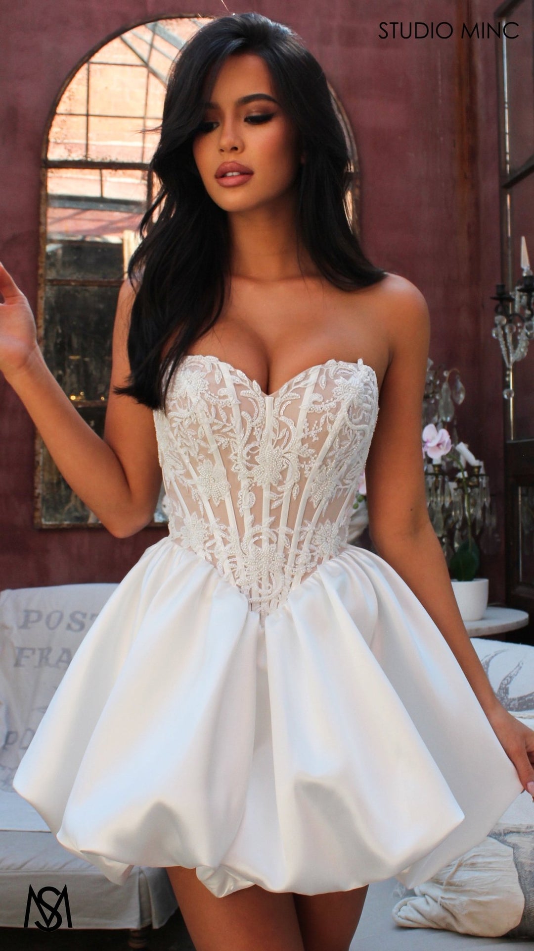 white corset mini dress bridal Manor Mini - White Bridal Mini Dress | Beaded Corset, Basque Satin Bubble Party Dress L