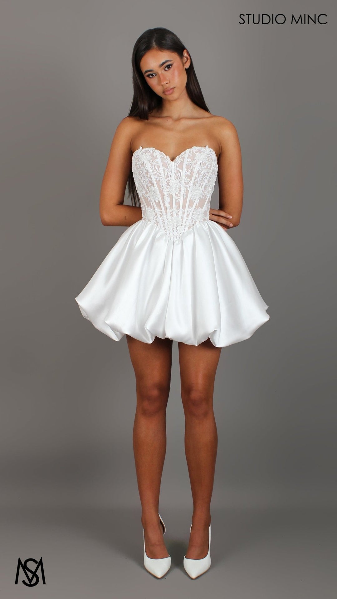 Manor Mini - White Bridal Mini Dress | Beaded Corset, Basque Satin Bub STUDIO MINC Manor Mini - White Bridal Mini Dress | Beaded Corset, Basque Satin Bub STUDIO MINC