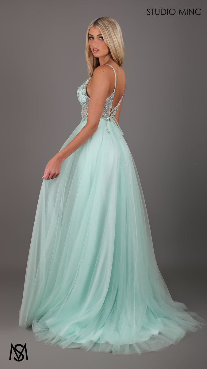 17104 Mint Green Pearl Embroidred Waist Shimmer Dress
