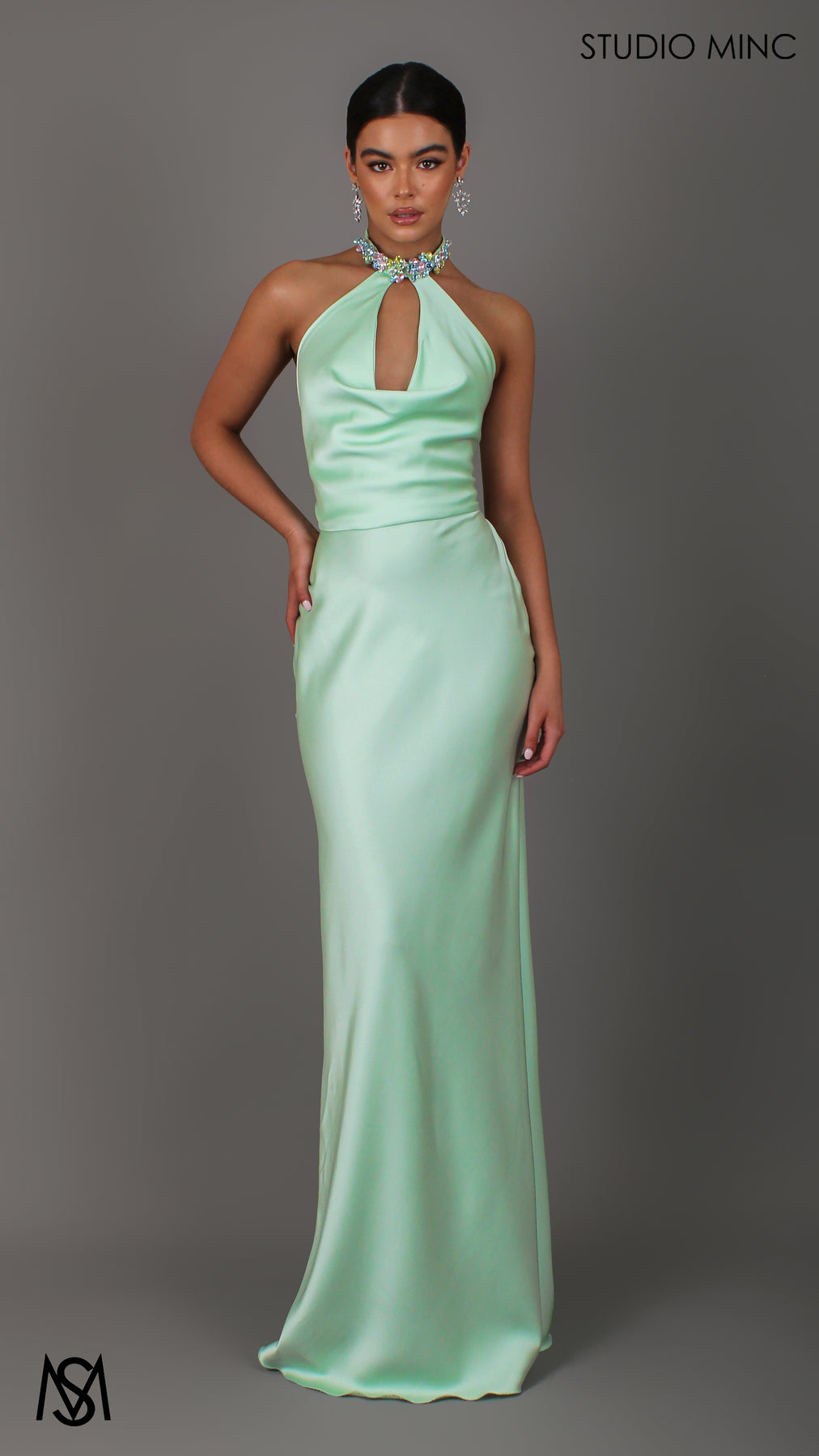 Jewel - Green Formal Dress | Satin Backless, High Neck Plunge Diamante choker STUDIO MINC Jewel - Green Formal Dress | Satin Backless, High Neck Plunge Diamante choker STUDIO MINC