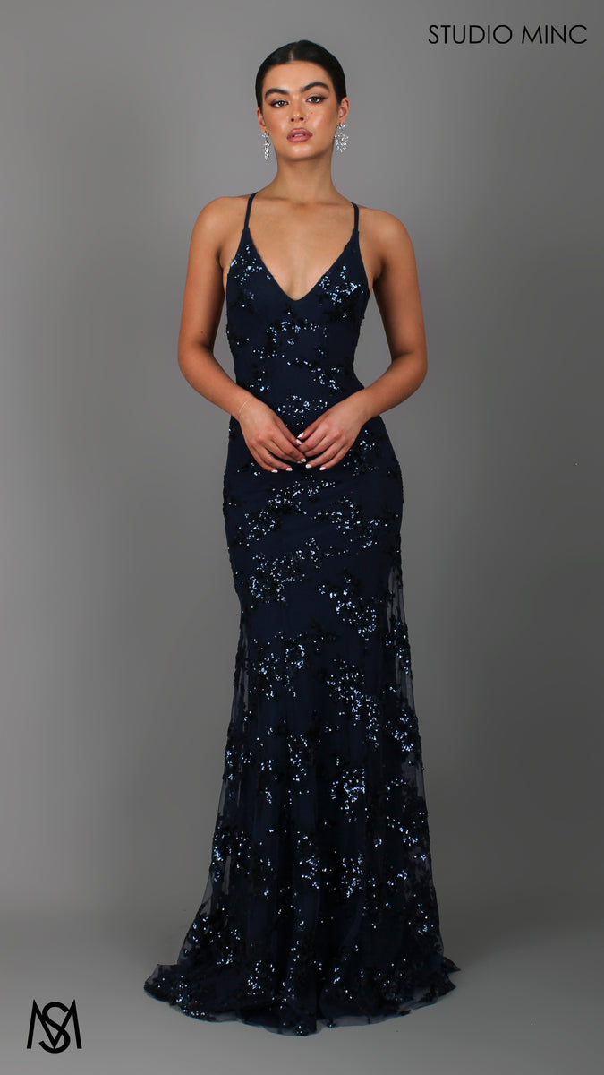 J'Adore - Navy Blue Formal Dress | Sequin Floral V Neckline Backless ...