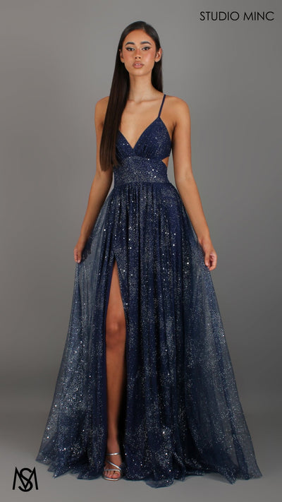 Stardust - Navy Blue formal dress | Glitter V neckline, backless, A - line Sparkle Gown - STUDIO MINC