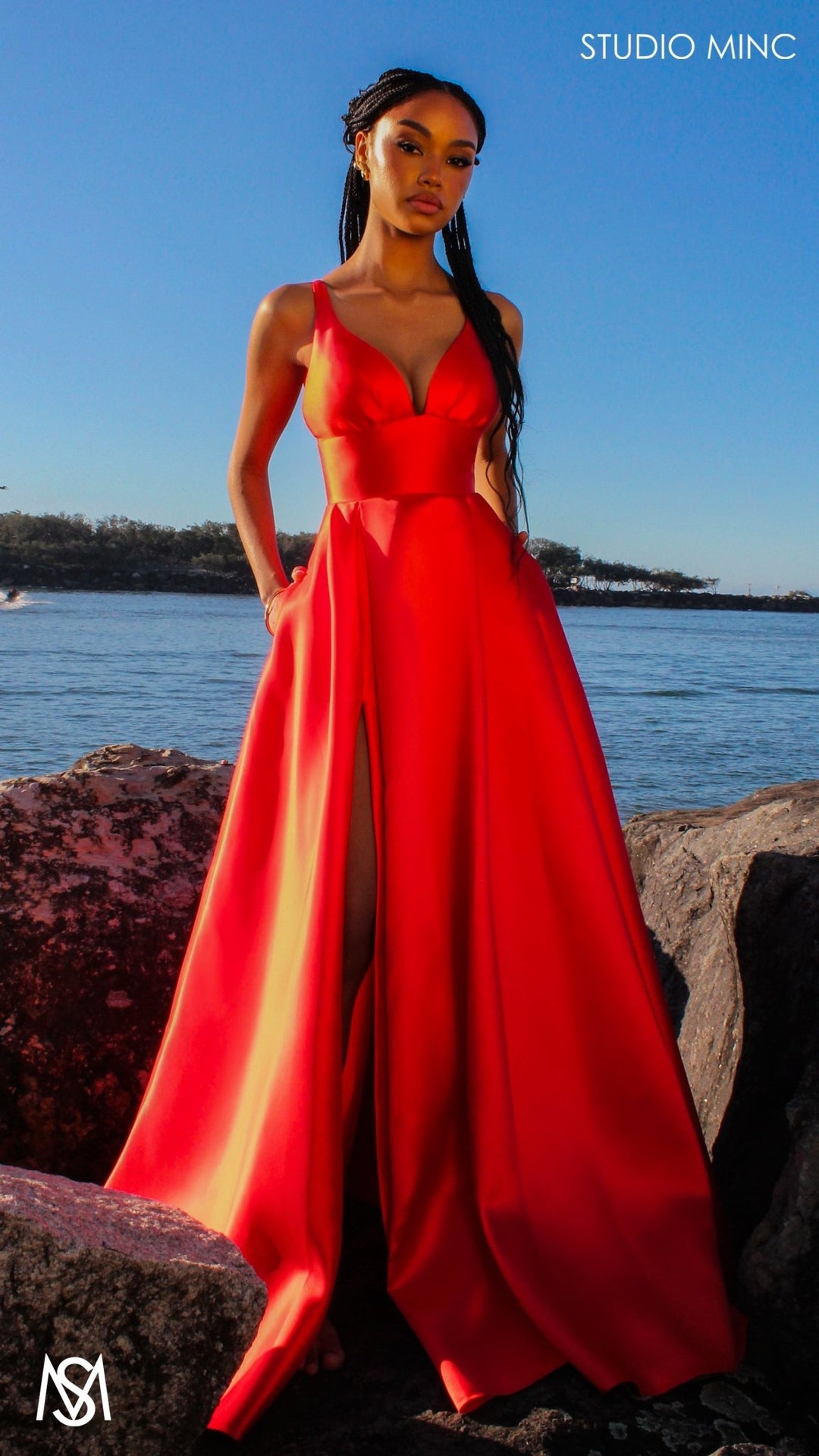 Riviera - Orange formal dress | V Plunge neckline, backless Satin Gown STUDIO MINC Riviera - Orange formal dress | V Plunge neckline, backless Satin Gown STUDIO MINC