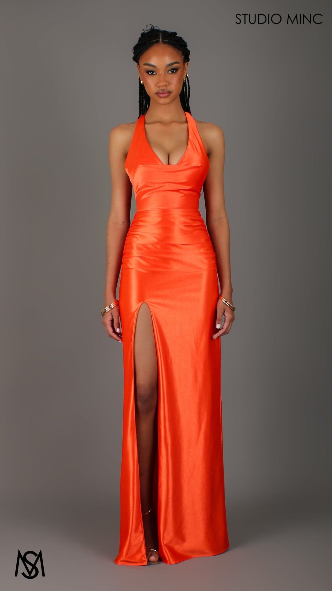 Sicily - Orange Formal Dress, Satin V Plunge neckline Cowl fitted back STUDIO MINC Sicily - Orange Formal Dress, Satin V Plunge neckline Cowl fitted back STUDIO MINC
