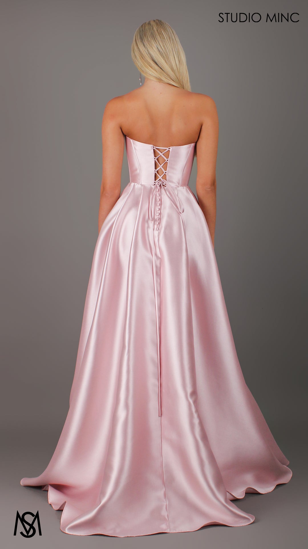 women's light pink strapless dress for roleplay Honey - Light Pink formal Dress | Strapless corset pearl detail Mikado satin ball gown M