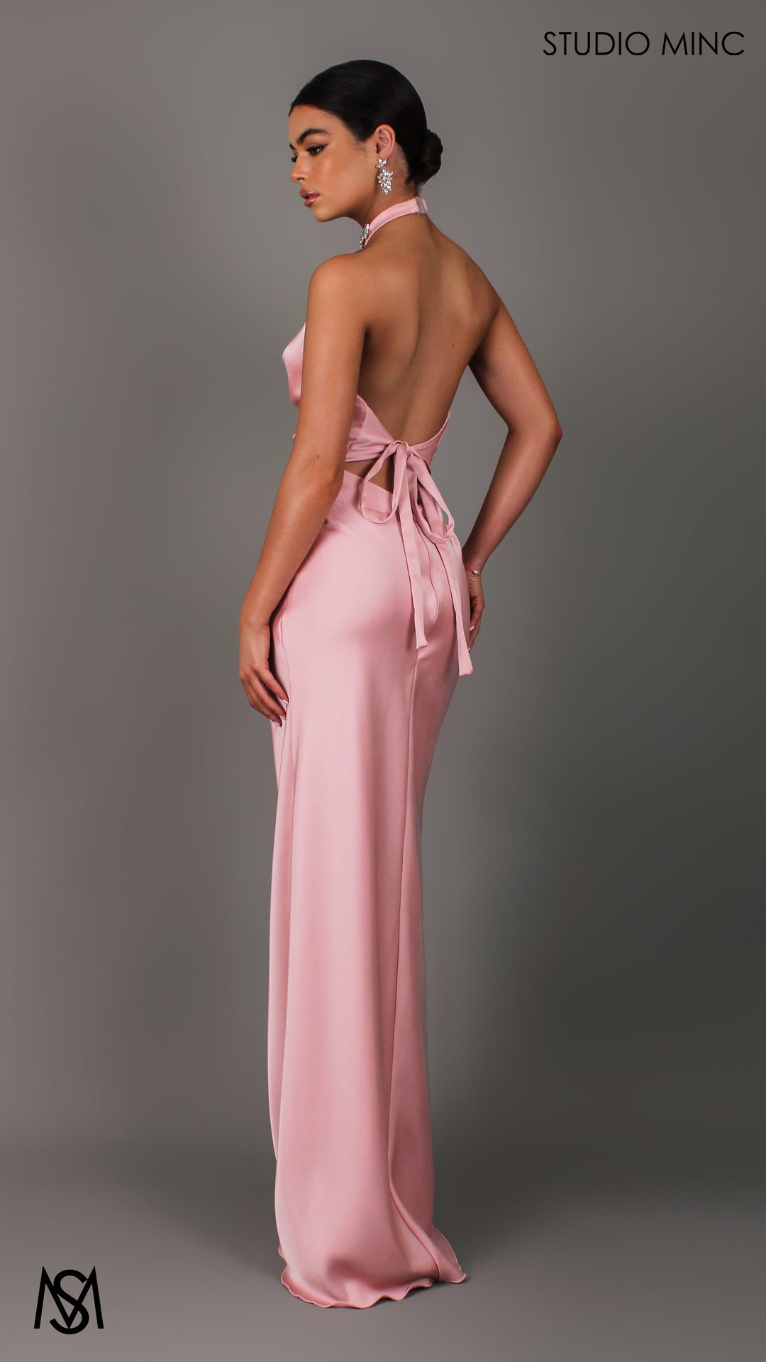 Jewel - Pink Formal Dress | Satin Backless, High Neck Plunge Diamante choker STUDIO MINC Jewel - Pink Formal Dress | Satin Backless, High Neck Plunge Diamante choker STUDIO MINC