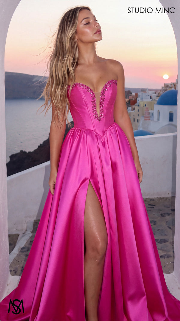 Camilla - Magenta Pink Formal Dress, satin strapless jewelled corset lace up gown pockets leg slit