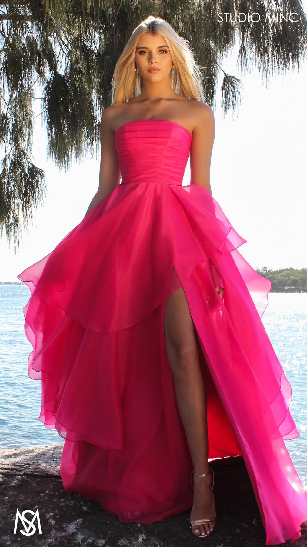 Monaco - Hot Pink Formal Dress | Strapless Corset, Organza layered handkerchief skirt, leg slit S