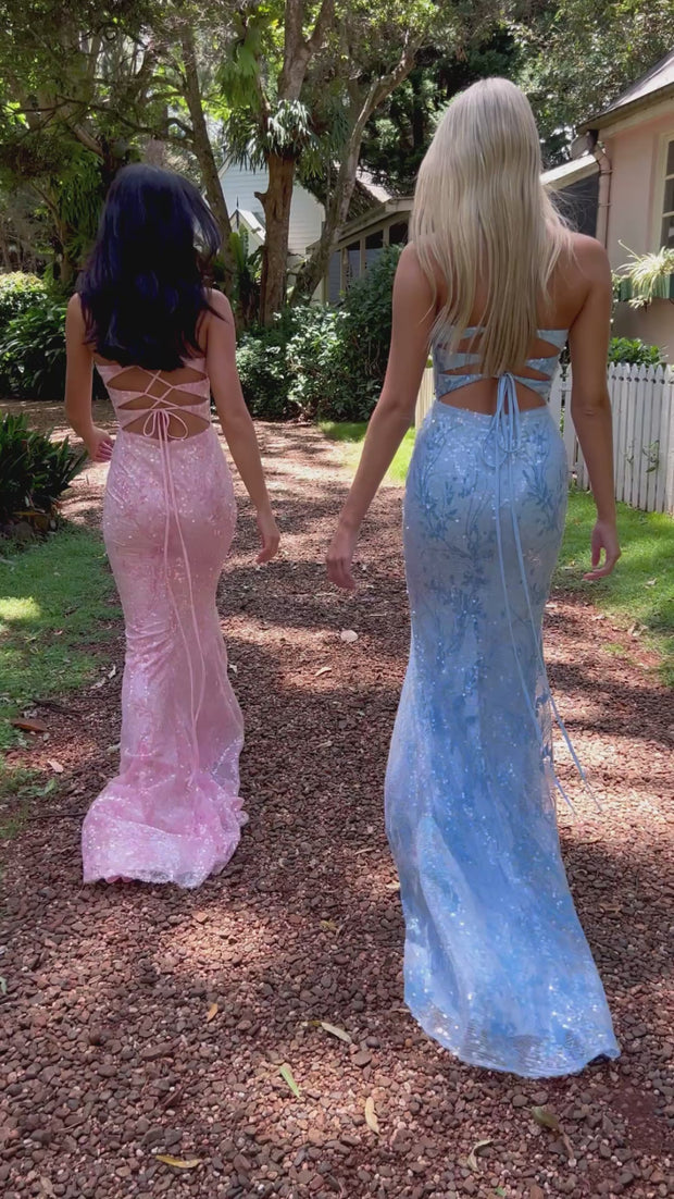 Peony - Light Blue Formal Dress | Two tone floral sequin fitted