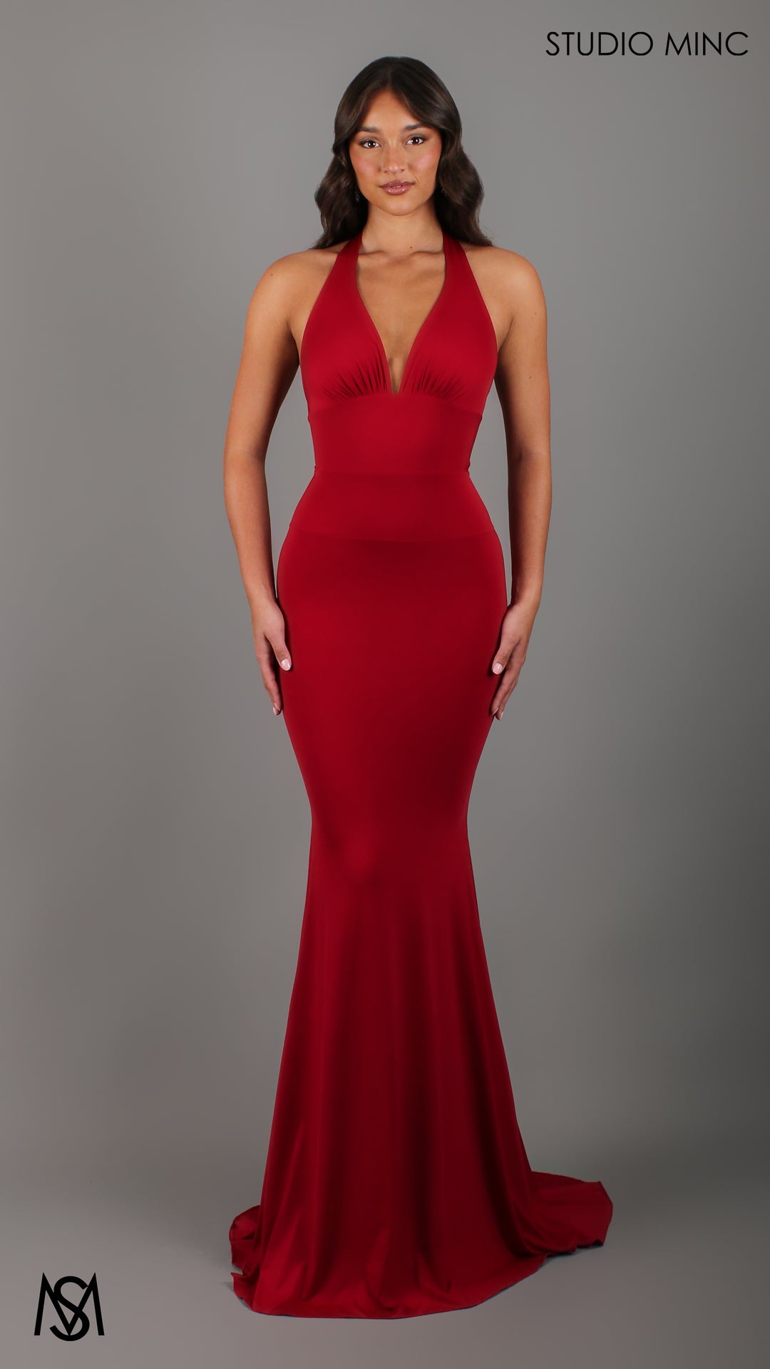 Hourglass Red Formal Dress Halter Plunge Neckline Fitted
