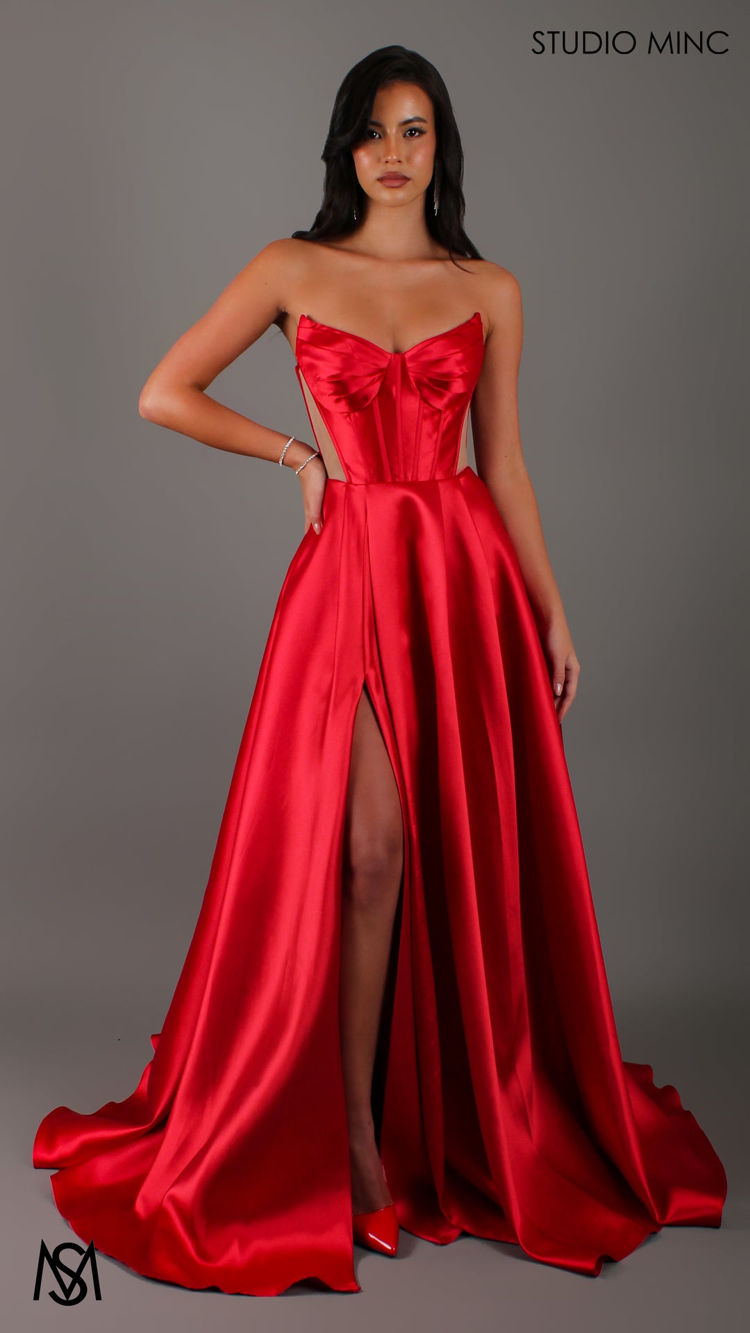 Lunar - Red Formal Dress, satin strapless boned corset net cut outs la STUDIO MINC Lunar - Red Formal Dress, satin strapless boned corset net cut outs la STUDIO MINC