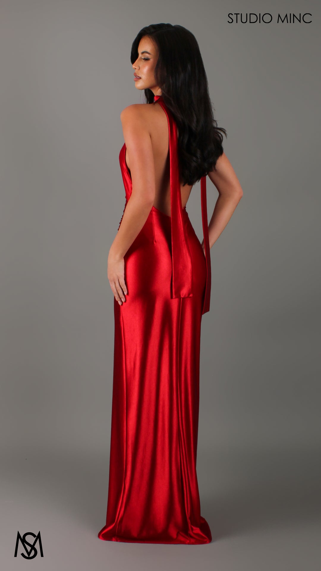 Suave - Red Formal Dress | Satin Halter Neck Cowl Scarf backless fitted leg slit STUDIO MINC Suave - Red Formal Dress | Satin Halter Neck Cowl Scarf backless fitted leg slit STUDIO MINC