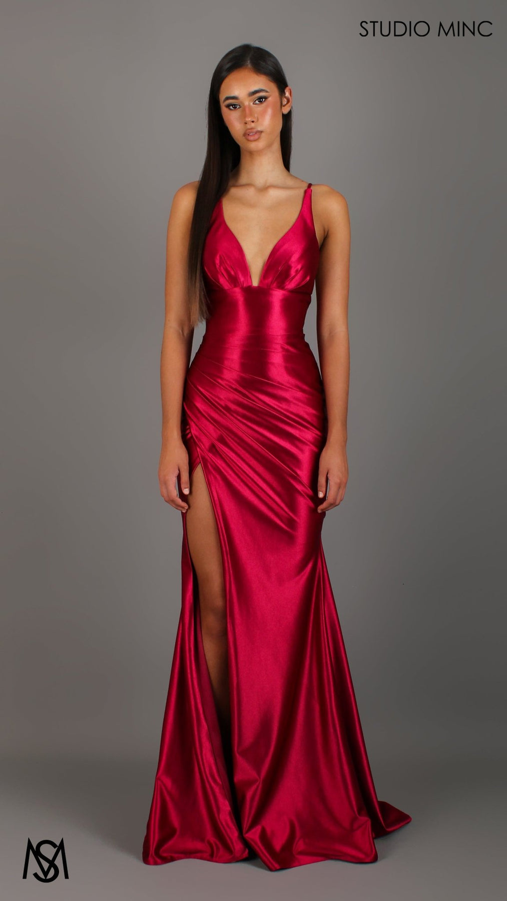 Classic - Ruby Red formal dress | Satin V neckline, backless Fitted Mermaid Gown with Slit S | in stock Classic - Ruby Red formal dress | Satin V neckline, backless Fitted Mermaid Gown with Slit S | in stock