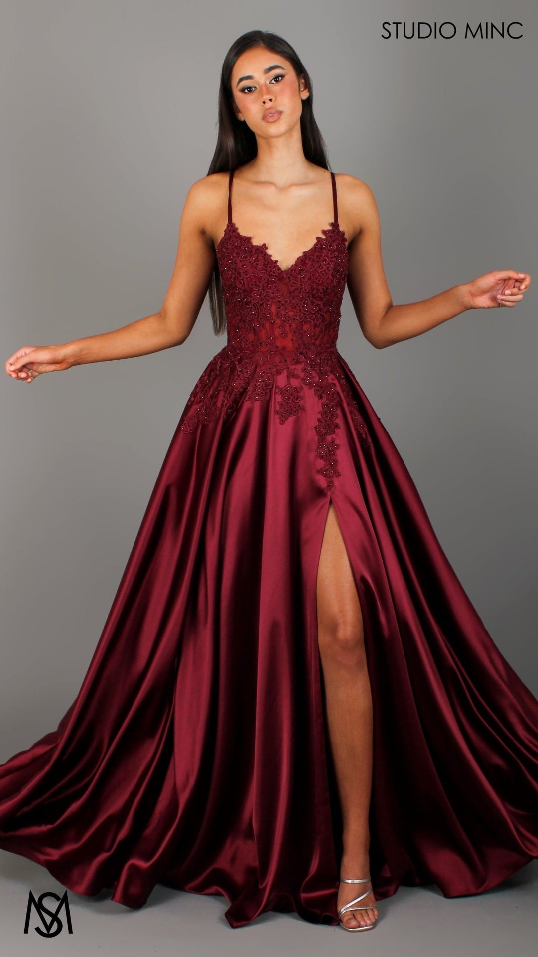 Eden - Burgundy Red formal dress | Floral V neckline, backless, A-line Satin Gown with Pockets XS