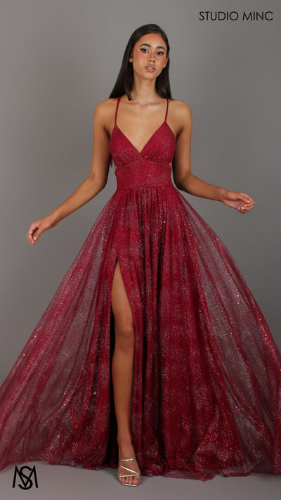 Stardust - Deep Red formal dress | Glitter V neckline, backless, A - line Sparkle Gown - STUDIO MINC