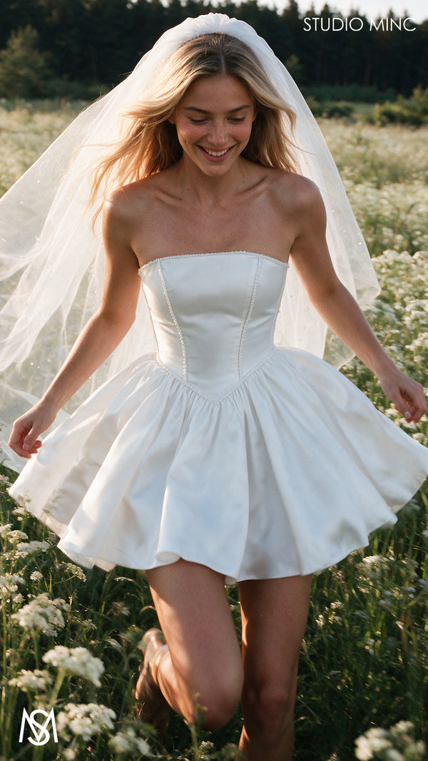Selene - Bridal Mini | White Satin  Strapless, Basque Corset, Pearl trim, Party Dress