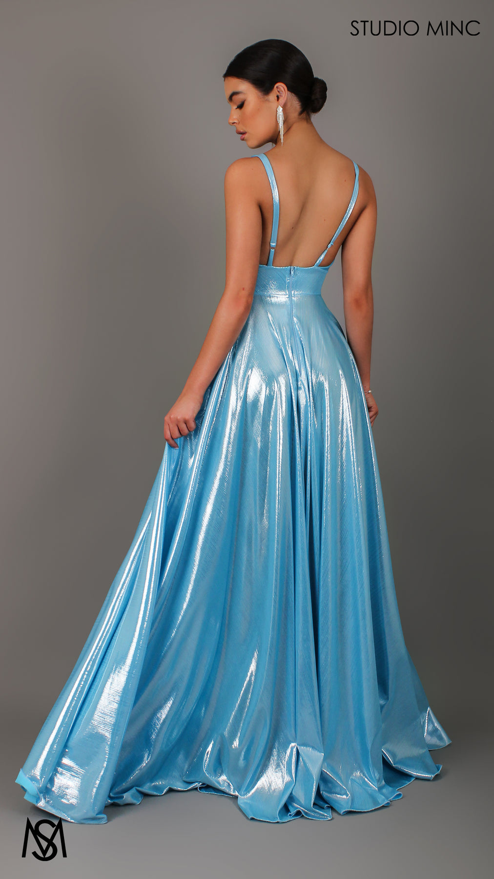 light blue metallic dress Metallic Long Dress With Side Ruching And V Neckline