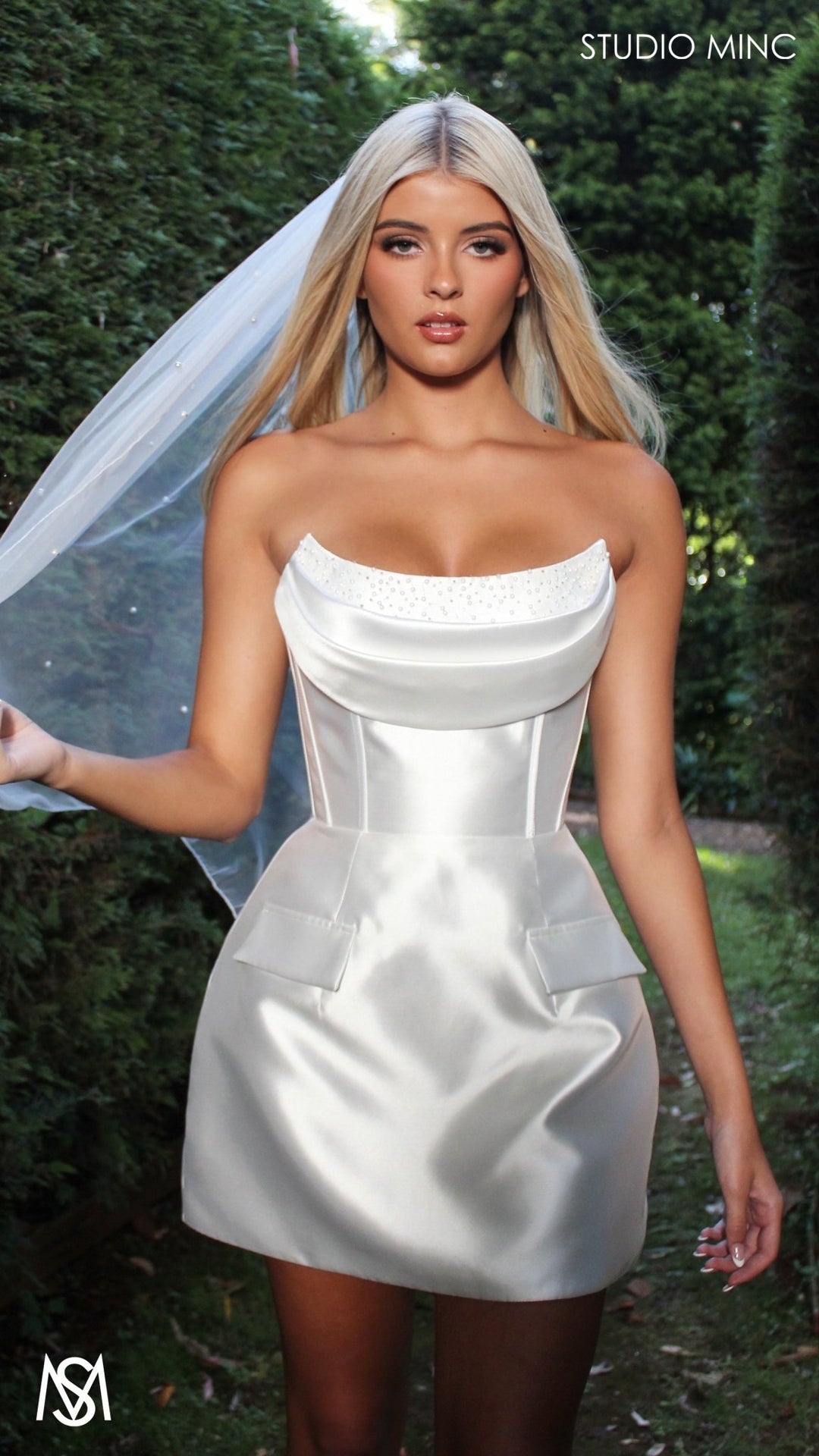 Sugar - Mini Bridal Party Dress | Mikado satin strapless corset pearl STUDIO MINC Sugar - Mini Bridal Party Dress | Mikado satin strapless corset pearl STUDIO MINC