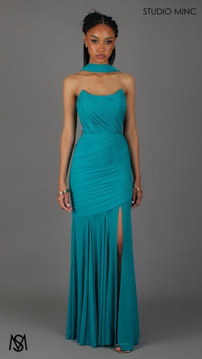 Paloma - Teal Formal Dress, Strapless Corset mermaid, Sheer net, with Scarf - STUDIO MINC