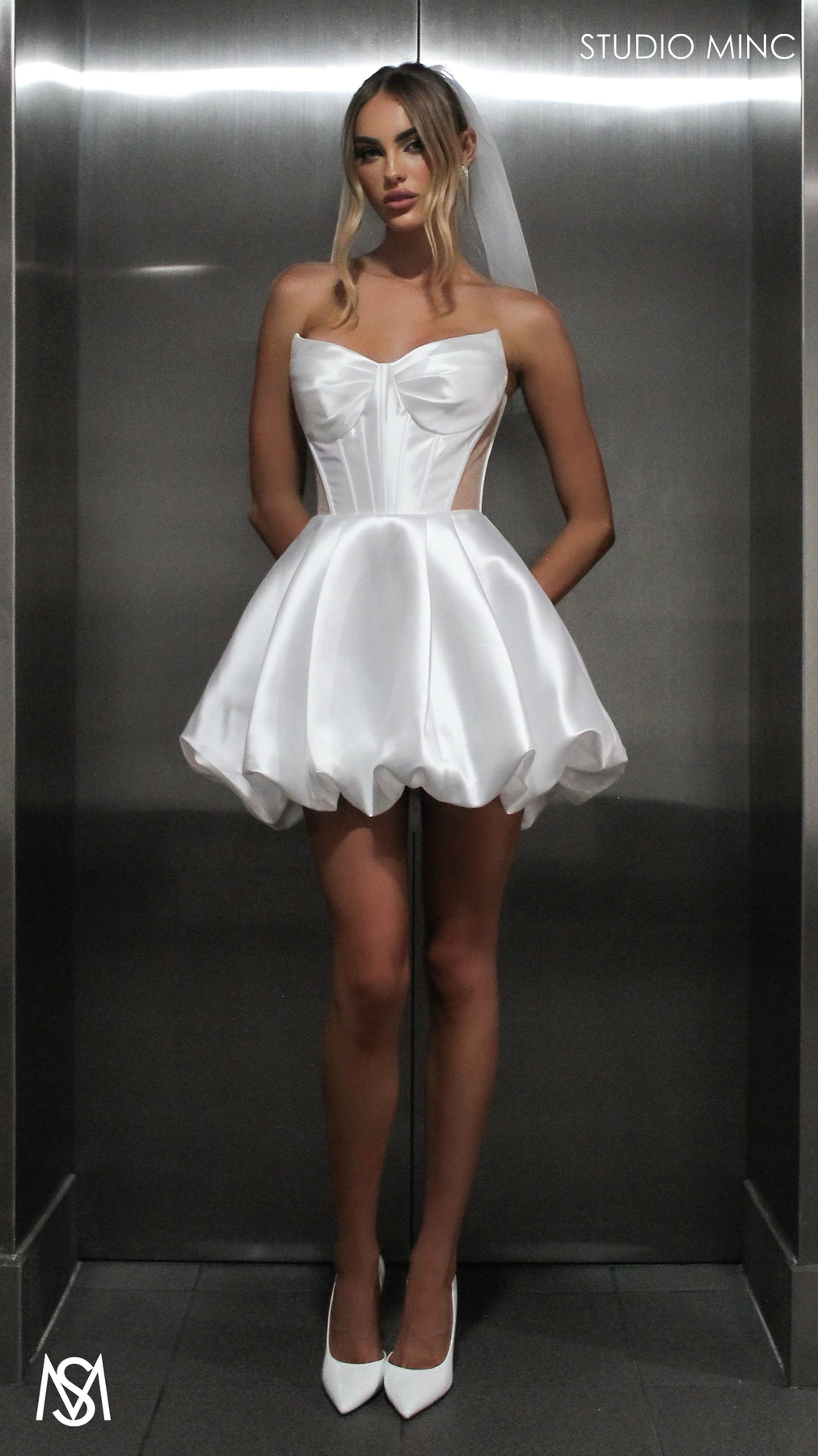 Lush - White Mini Party Bride Dress | Mikado satin strapless boned corset net cut outs balloon skirt S | in stock Lush - White Mini Party Bride Dress | Mikado satin strapless boned corset net cut outs balloon skirt S | in stock