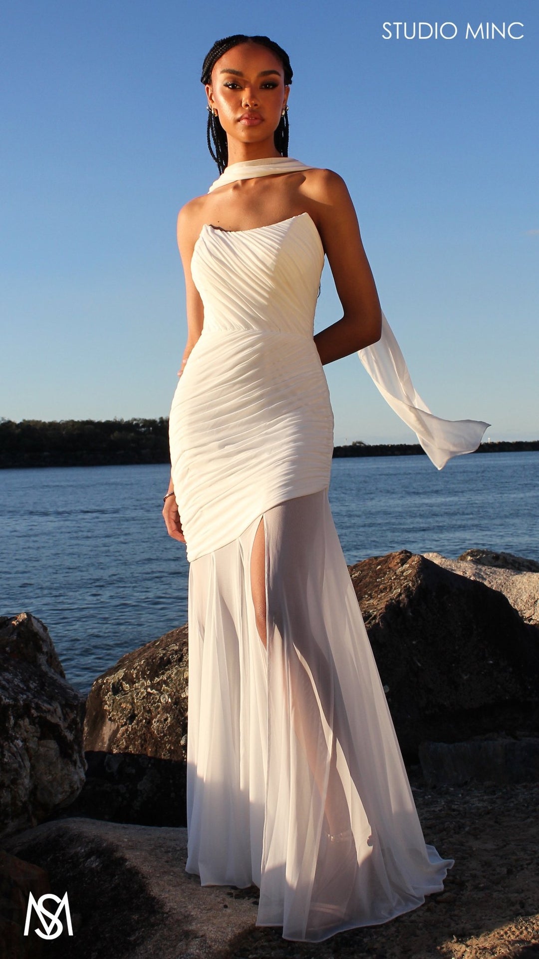 Paloma - White Maxi Dress | Strapless Corset, Sheer net, with Scarf, B   STUDIO MINC