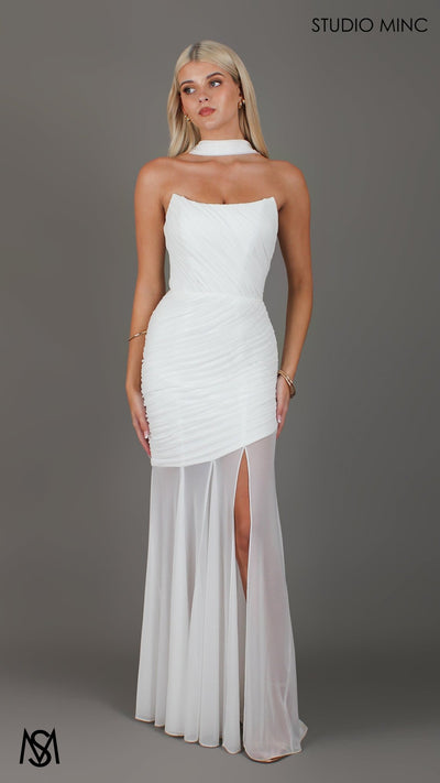 Paloma - White Maxi Dress | Strapless Corset, Sheer net, with Scarf, Bridal and Formal - STUDIO MINC
