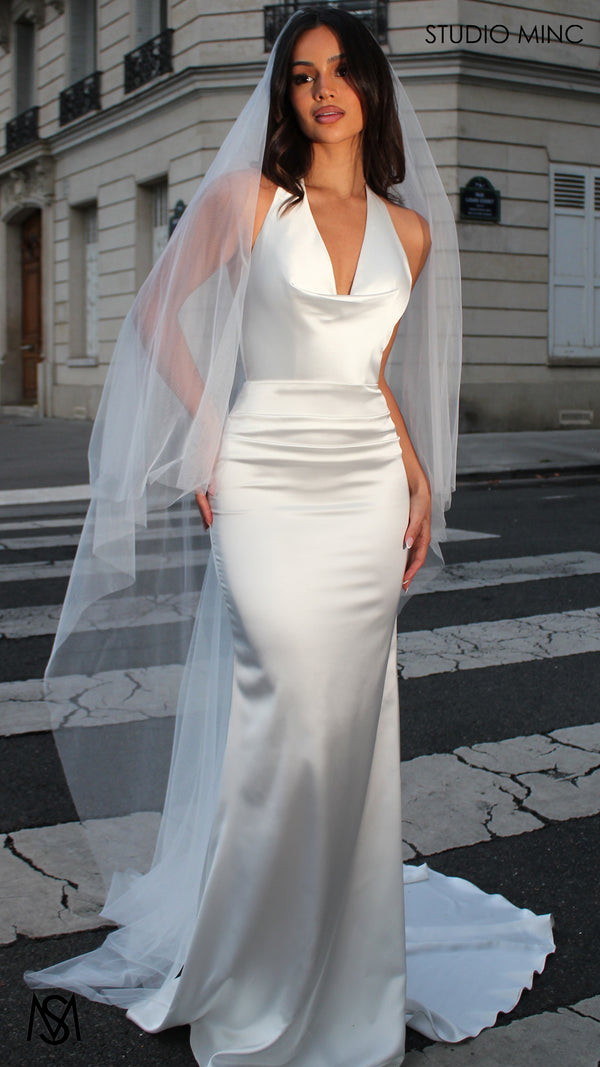 Voila - Wedding Dress, Simple Satin Cowl Plunge halter fitted silhouette buttons