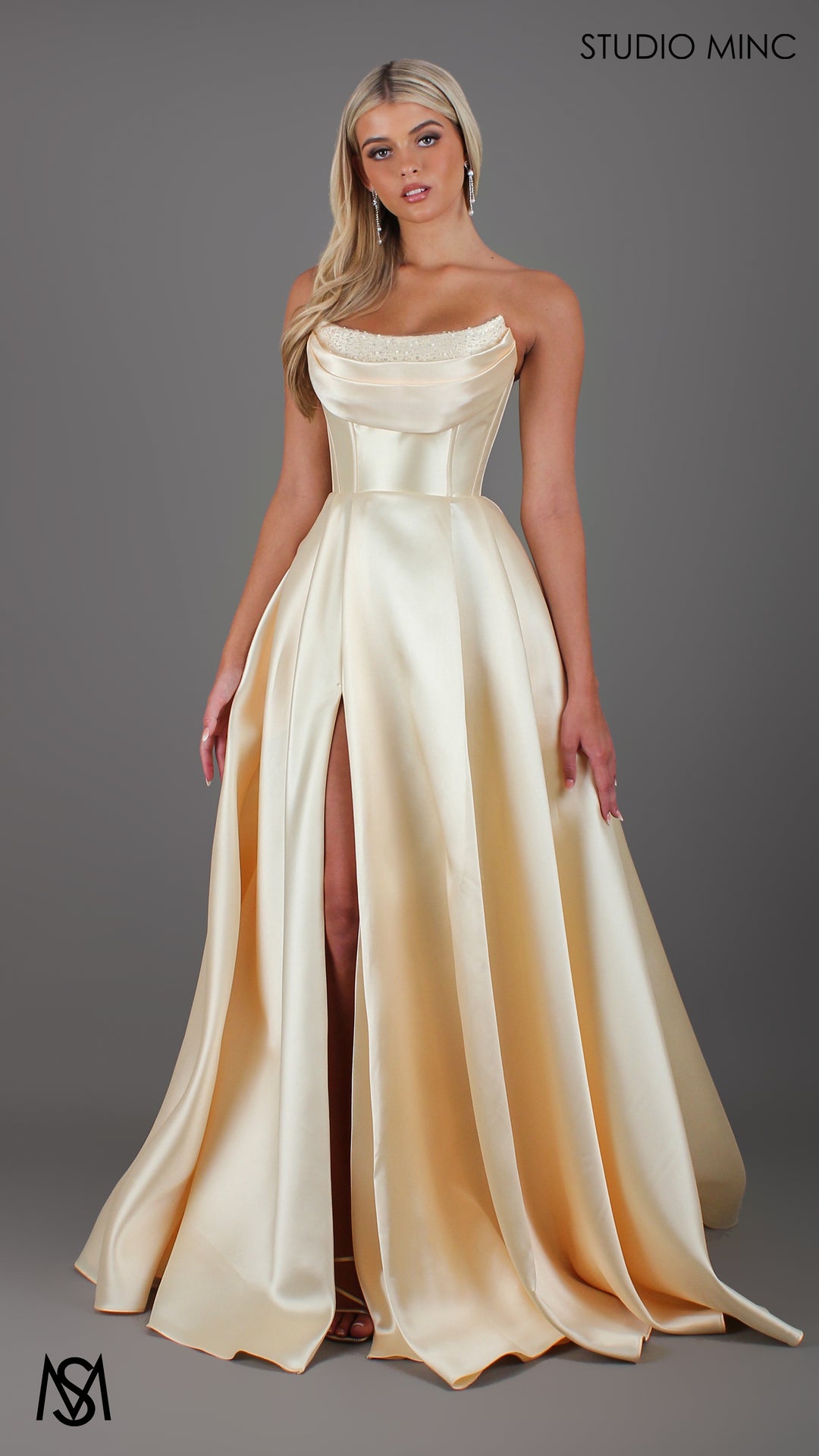 Honey - Light Yellow formal Dress | Strapless corset pearl detail Mikado satin ball gown XS