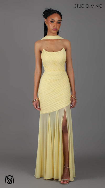 Paloma - Buttercup Yellow Formal Dress, Strapless Corset mermaid, Sheer net, with Scarf - STUDIO MINC