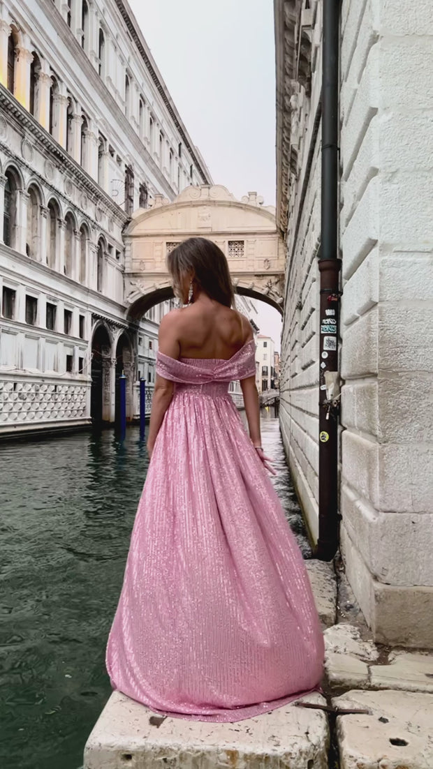 Blush pink off the shoulder outlet dress