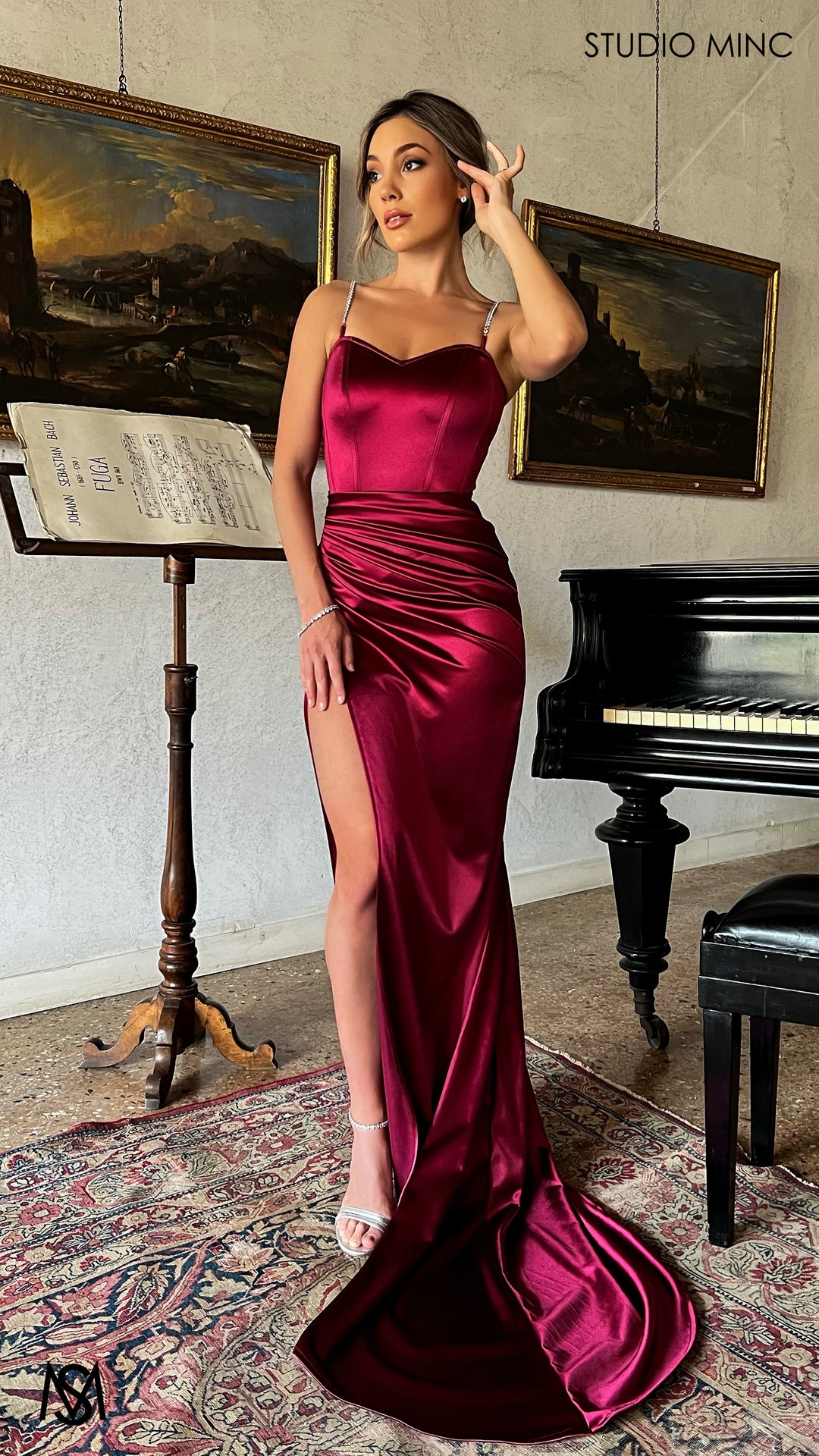 burgundy split leg dress A-Line Elastic Silk like Satin Maxi Formal Wedding Guest Dress COCOMELODY  B0DRFDHVGZ