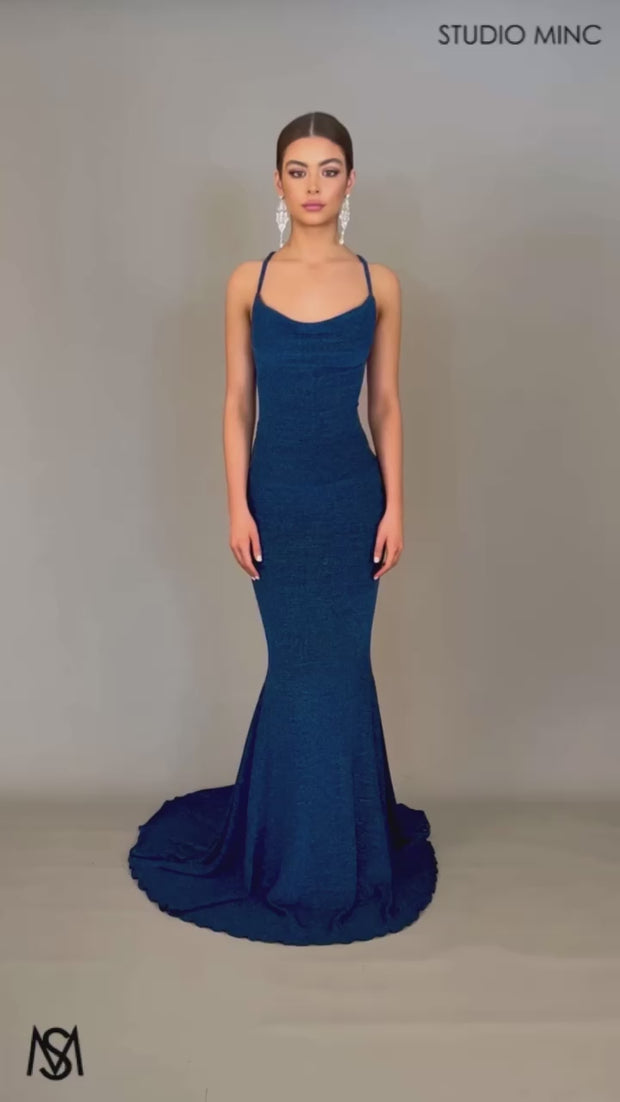 Aura - Navy Blue Formal Dress | Shimmer Glitter Cowl Neckline