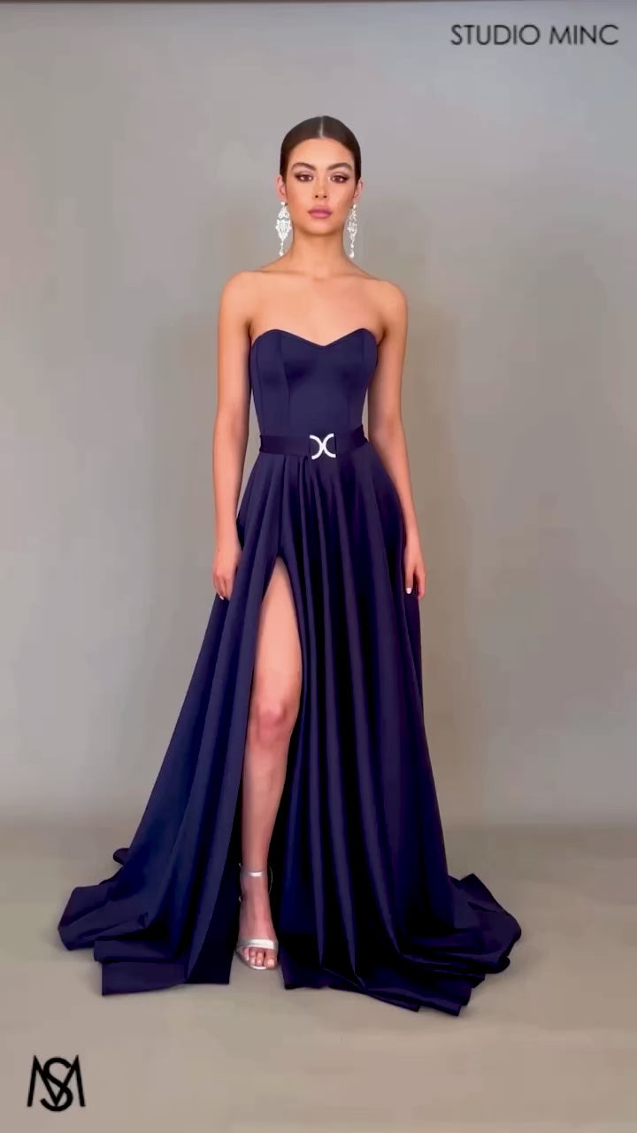 Sweetheart - Navy Blue Formal Dress | Strapless Corset Leg Split