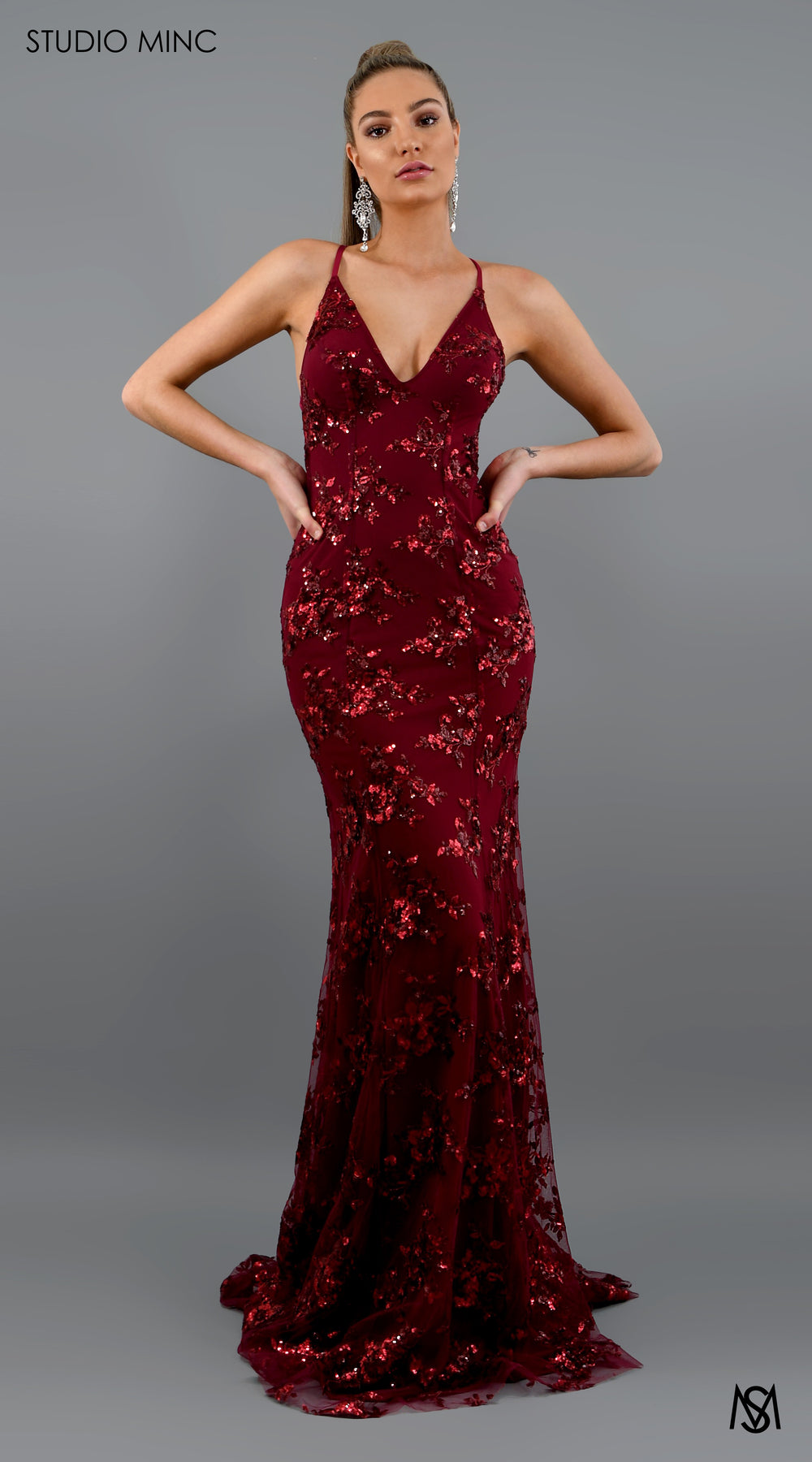 JADORE - Cherry Red Formal Dress with Sequin Overlay & Backless Lace U STUDIO MINC JADORE - Cherry Red Formal Dress with Sequin Overlay & Backless Lace U STUDIO MINC