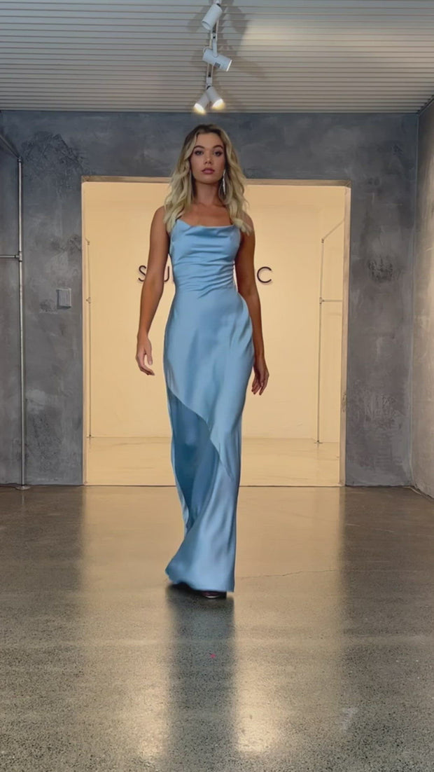 Serene - Baby Blue Formal Dress | Cowl Neckline Bias Cut Backless Satin   STUDIO MINC