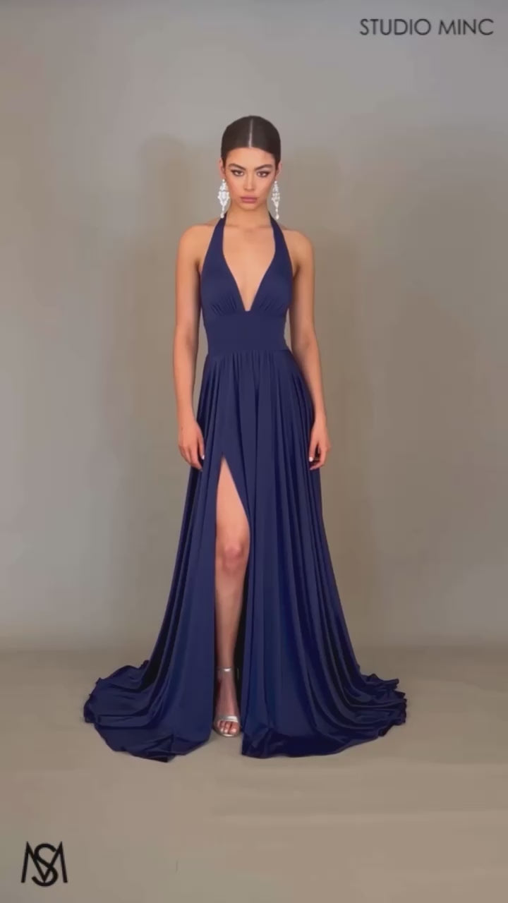 Love - Navy Blue Formal Dress | Halter Plunge Neckline Leg Split ...
