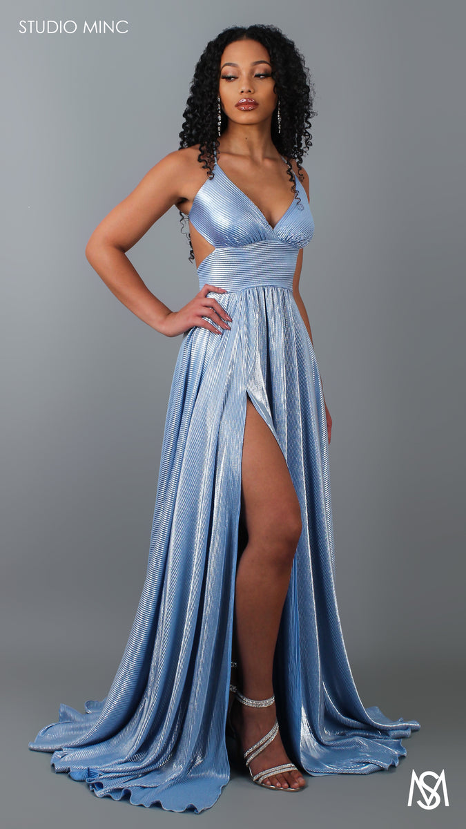 Cosmo Metallic - Blue Formal Dress | V Neckline Cut Out Flowy Leg Split ...