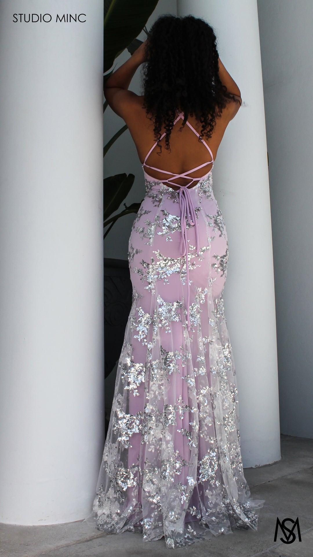 Studio Minc Lavender And Silver Dress Rendezvous Silver Formal Dress,  Sequin And Beaded Cowl Plunge Halter
