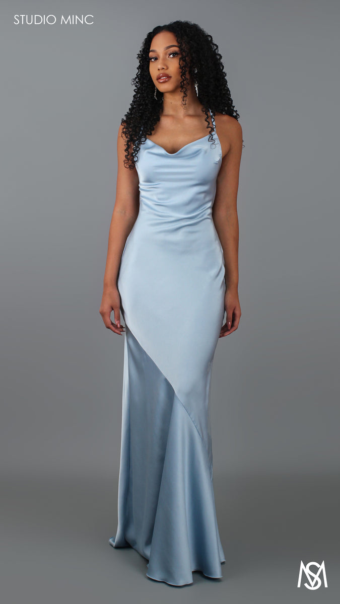 Serene - Baby Blue Formal Dress | Cowl Neckline Bias Cut Backless Satin ...