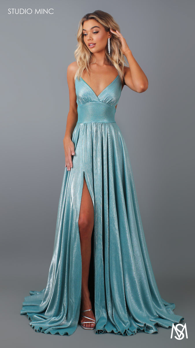 Cosmo Metallic - Teal Formal Dress | V Neckline Cut Out Flowy Leg Split ...