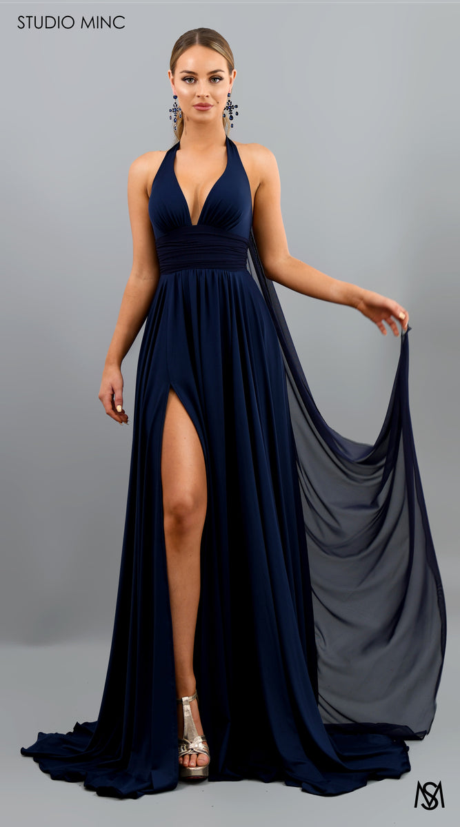 Soul - Navy Blue Formal Dress | Halter Plunge Neckline Leg Split ...