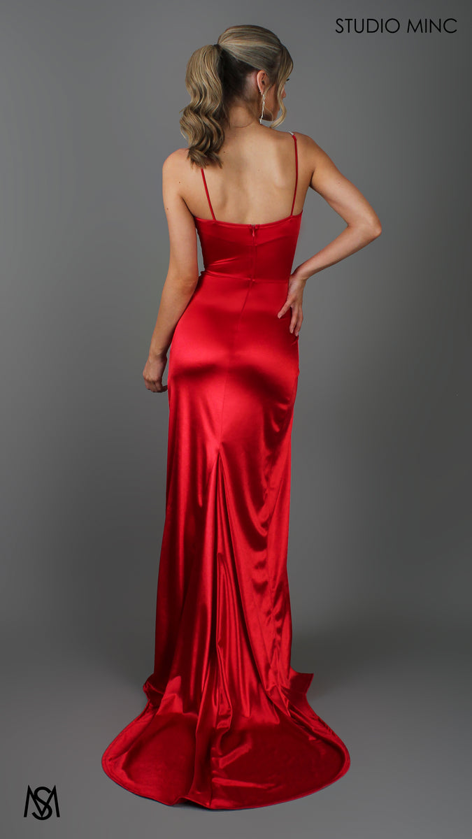 Crave - Red Formal Dress | Satin Corset Diamante Straps Leg Split ...