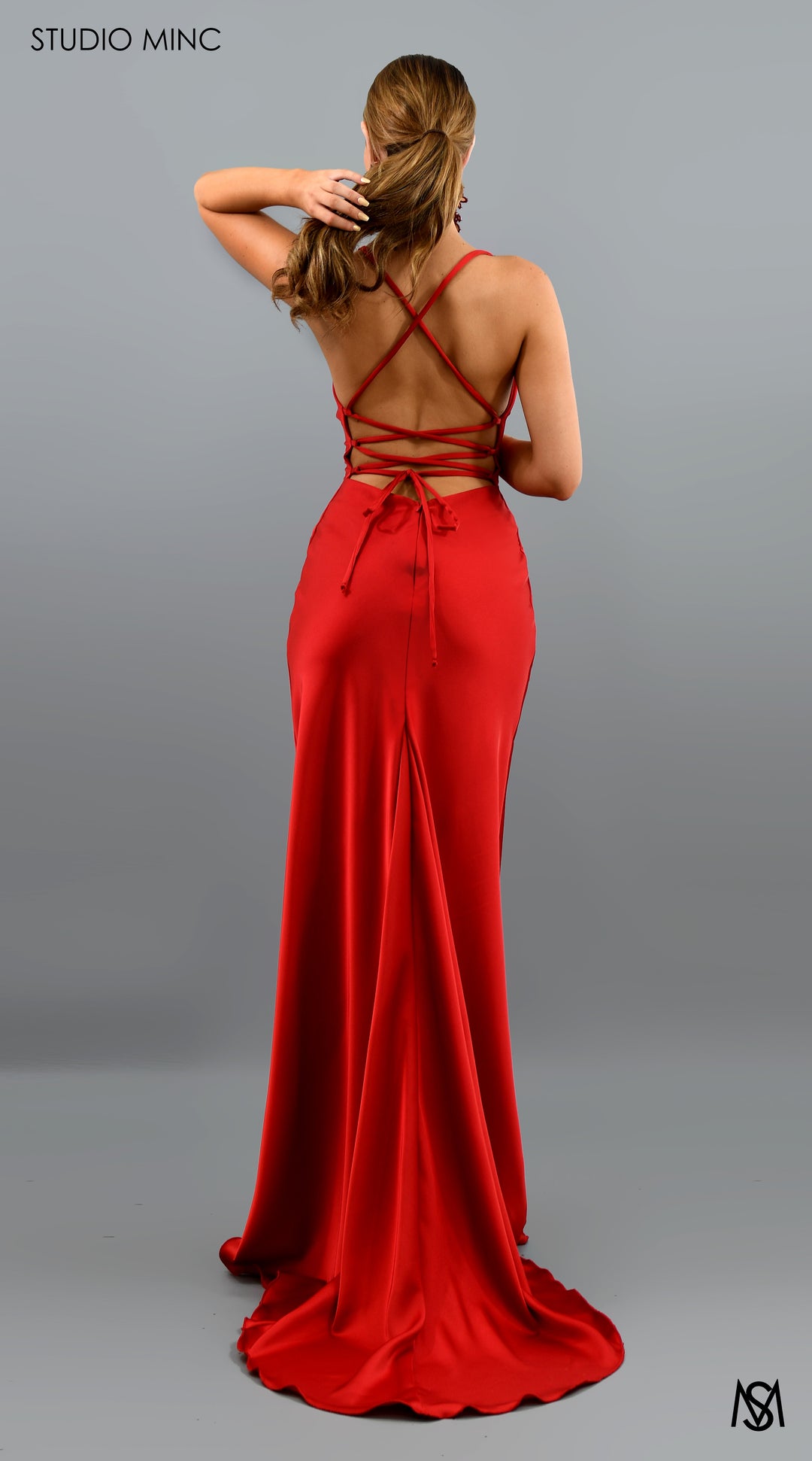 strapless open back dress WOMEN'S STRAPLESS RED HIGH-LOW FORMAL GOWN IN TAFFETA – Elegance Boutique main image 1