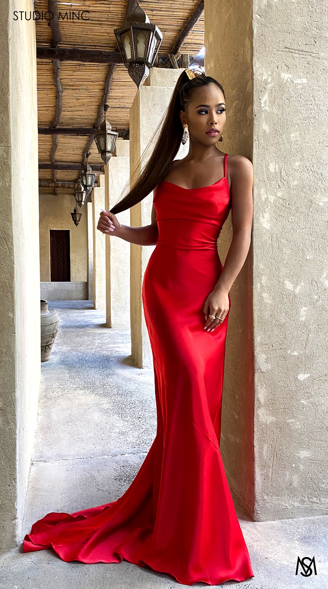 Essence - Red Formal Dress | Cowl Bias Cut Backless Lace Up Satin STUDIO MINC Essence - Red Formal Dress | Cowl Bias Cut Backless Lace Up Satin STUDIO MINC