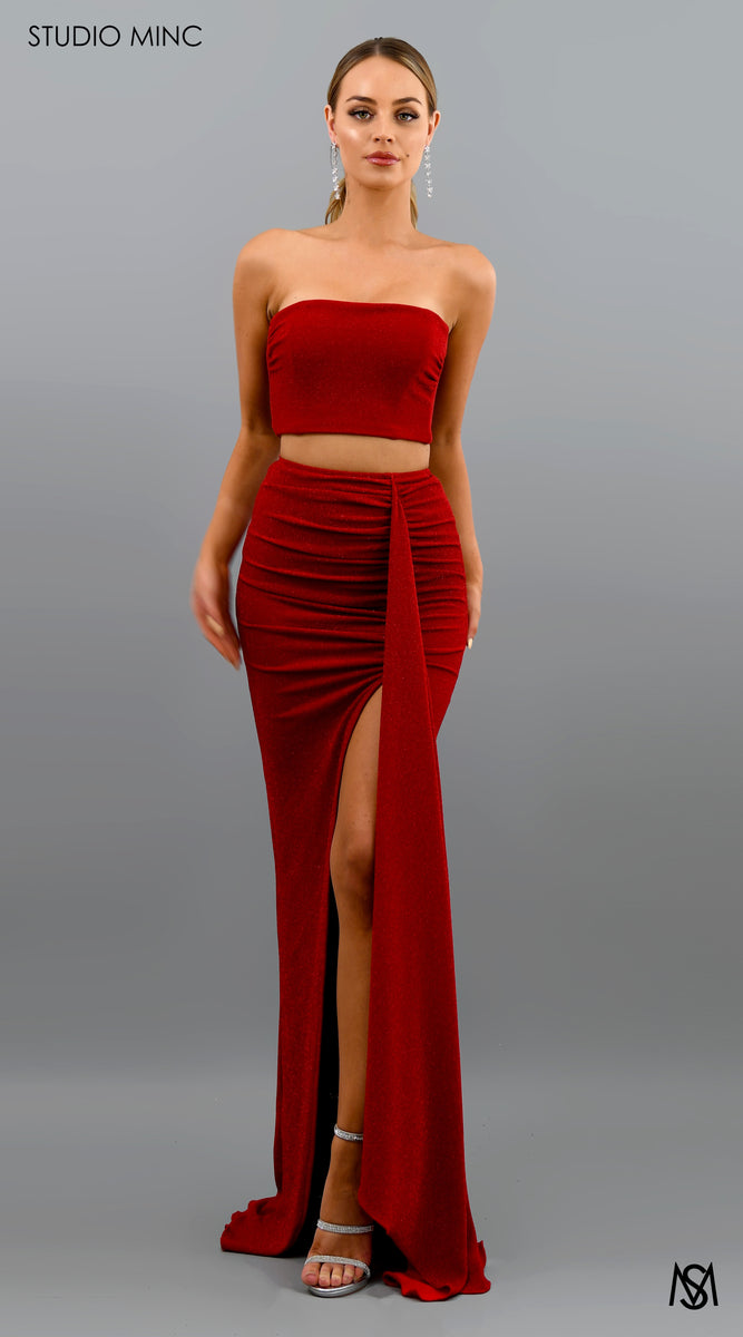 Radiance - Red Two Piece Formal Dress | Glitter Shimmer Strapless Fitted Leg Split – STUDIO MINC
